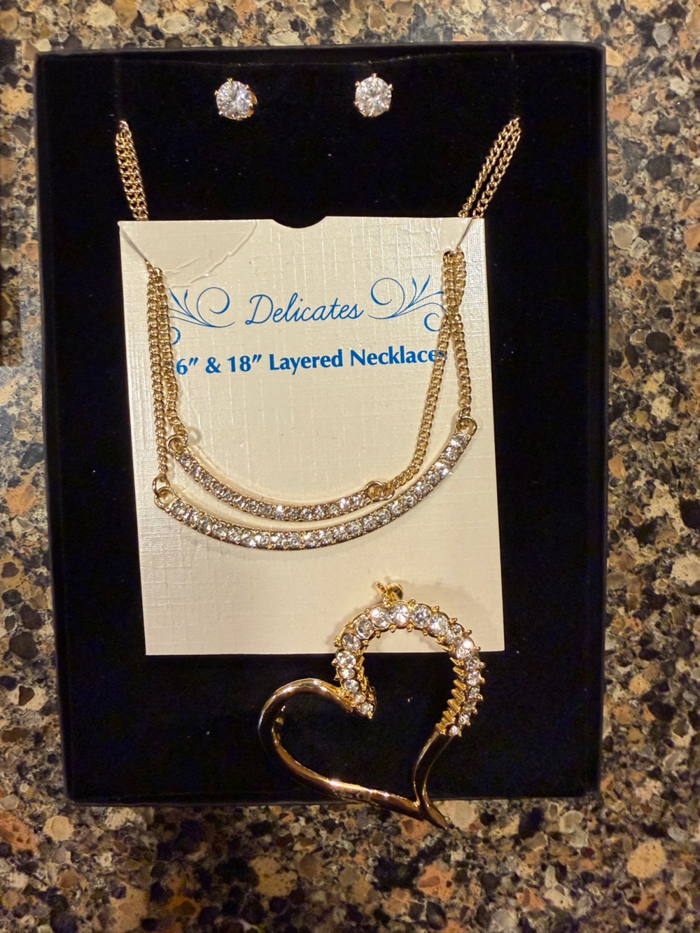 Gold Crystal Layered Necklace and Earring Set with bonus heart pin!